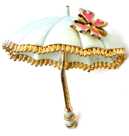 Vintage Green Enamel Butterfly Umbrella Brooch