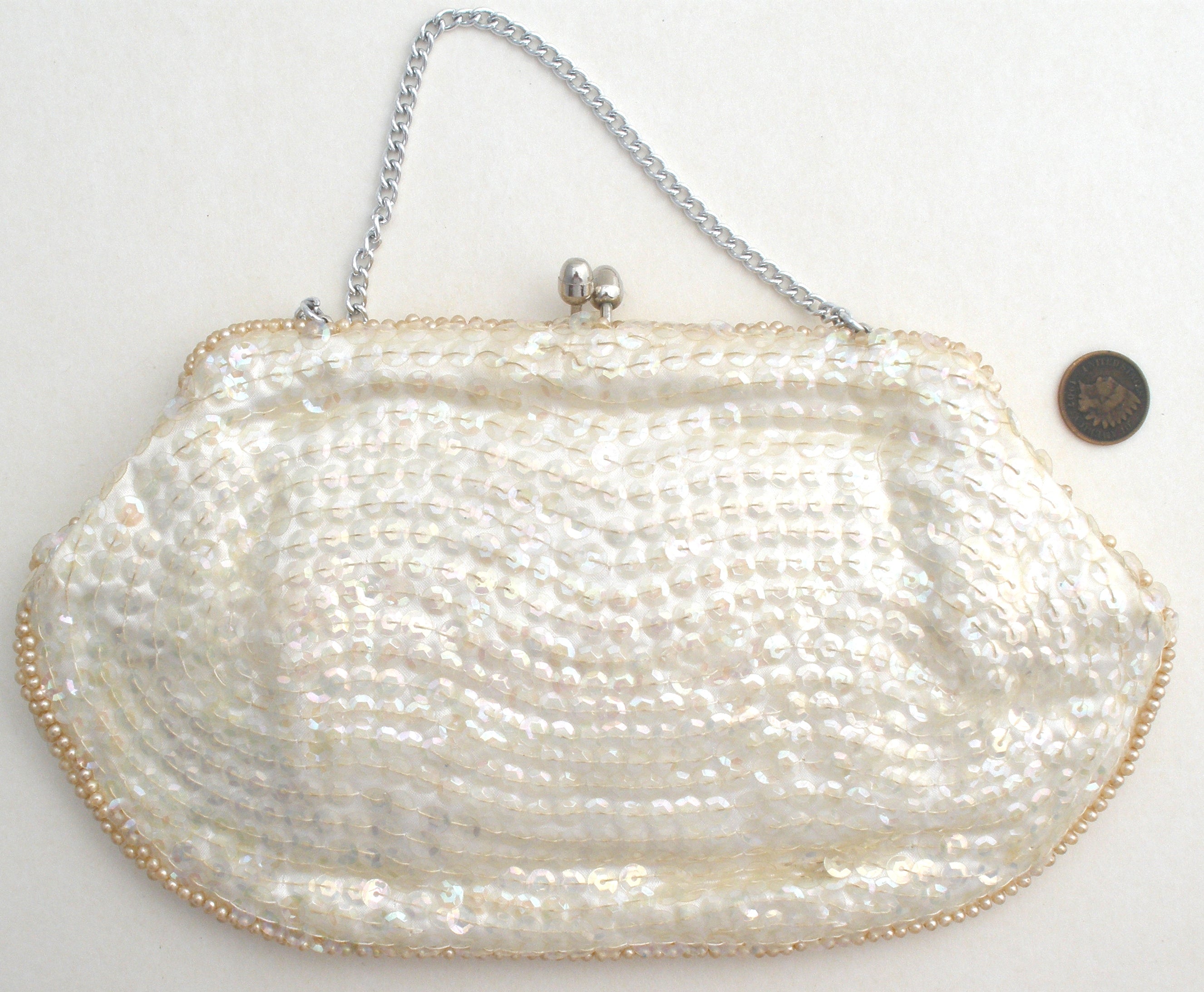 Vintage La Regale White Beaded Bag With Gold Handle