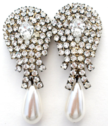 Vintage Pearl & Clear Rhinestone Earrings