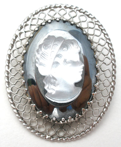 Vintage Raised Glass Cameo Hematite Brooch Pin