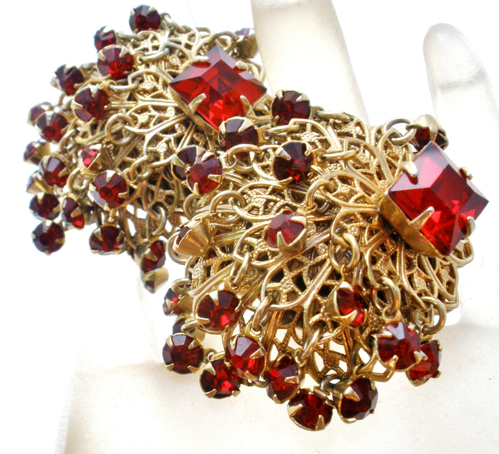 Vintage Red Rhinestone Clip Earrings - The Jewelry Lady's Store