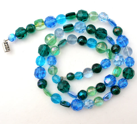 Vintage Blue & Green Glass Bead Necklace 25"