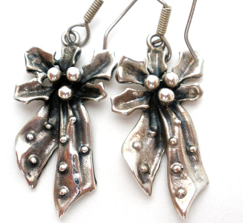 Vintage Holly & Bow Earrings Mexican Sterling Silver