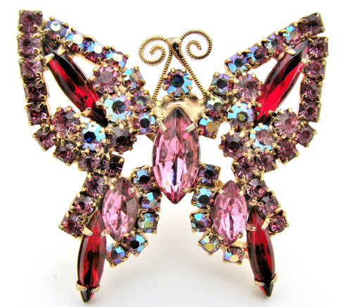 Vintage Pink Rhinestone Butterfly Brooch Pin
