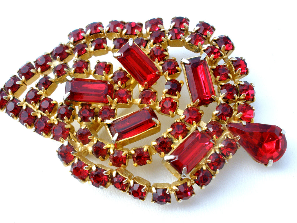 Ruby Red Rhinestone Leaf Brooch Pin Vintage - The Jewelry Lady's Store