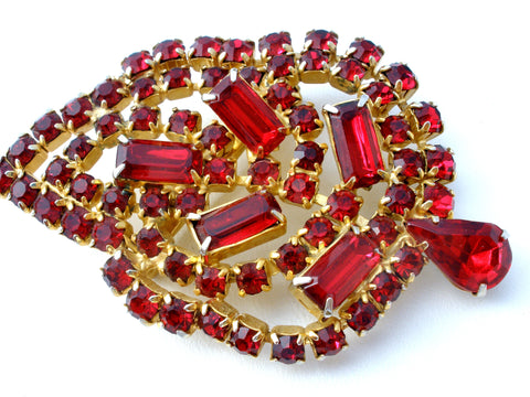 Ruby Red Rhinestone Leaf Brooch Pin Vintage