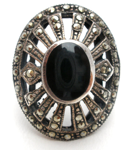 Sterling Silver Black Onyx & Marcasite Ring Size 5