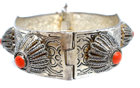 Vintage Tibetan Bangle Bracelet with Red Stone