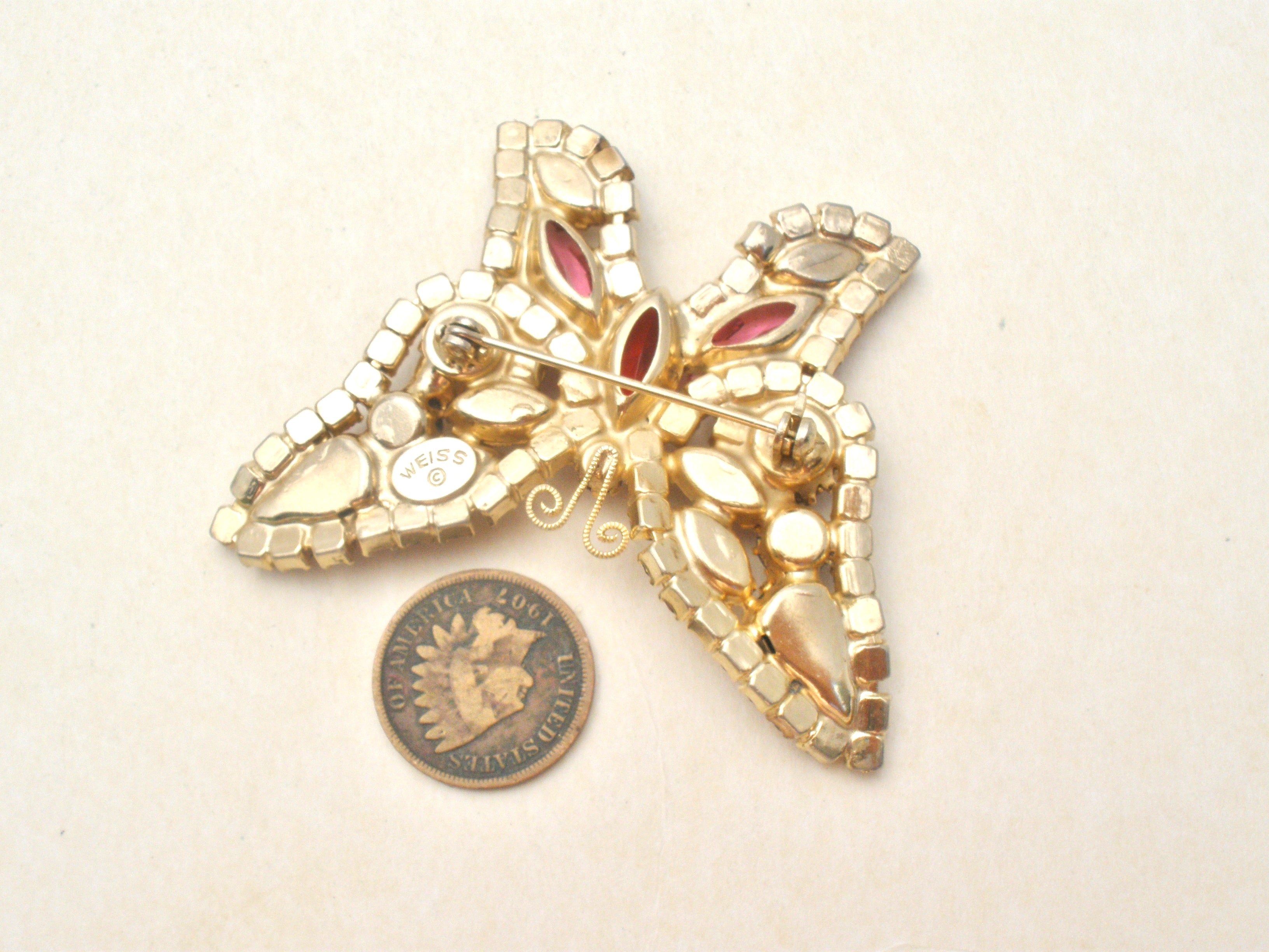 Butterfly Colored Navette Rhinestones Vintage Gold Brooch Pin M-4592