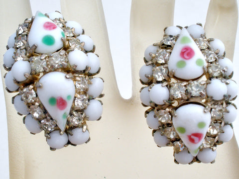 White Milk Glass Rhinestone Pink Rose Earrings Vintage
