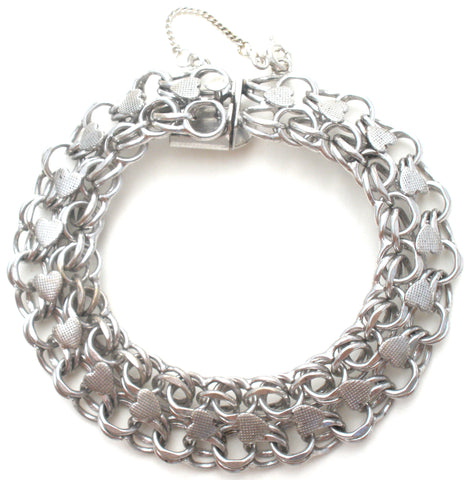 Wide Sterling Silver Heart Link Charm Bracelet