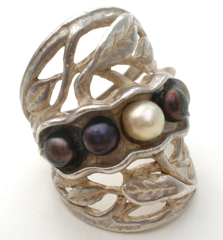 Wide Sterling Silver Pearl Ring Israel Size 8