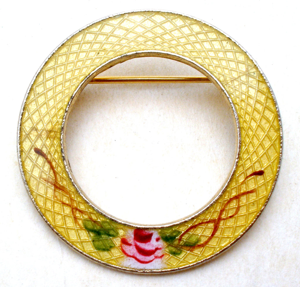 Yellow Guilloche Enamel Round Pin Brooch Vintage - The Jewelry Lady's Store
