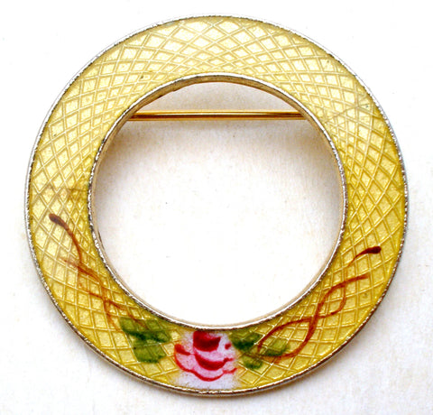 Yellow Guilloche Enamel Round Pin Brooch Vintage