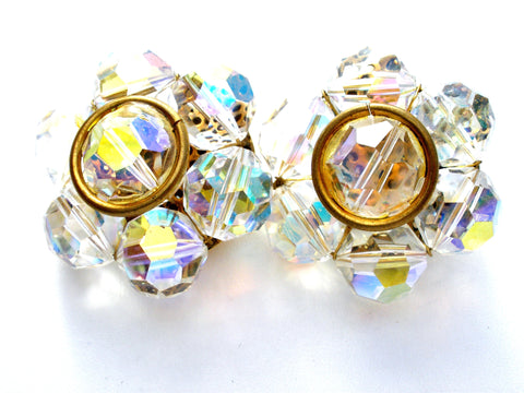 Large Aurora Borealis Crystal Cluster Bead Earrings Vintage