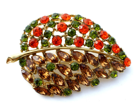 Vintage Leaf Brooch Rhinestone Jewelry Pin